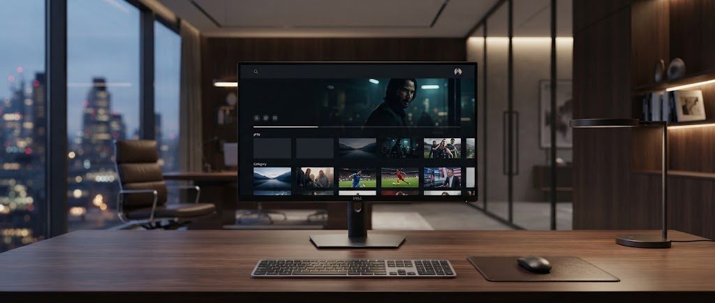 Écran d'ordinateur affichant une interface de streaming, dans un bureau le soir
