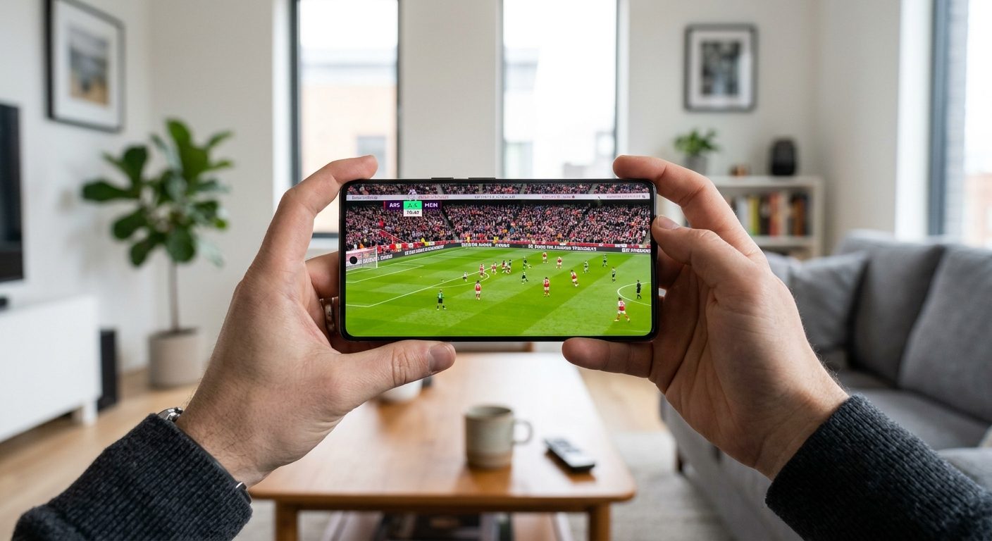 Match de football en direct regardé sur un téléphone tenu en main