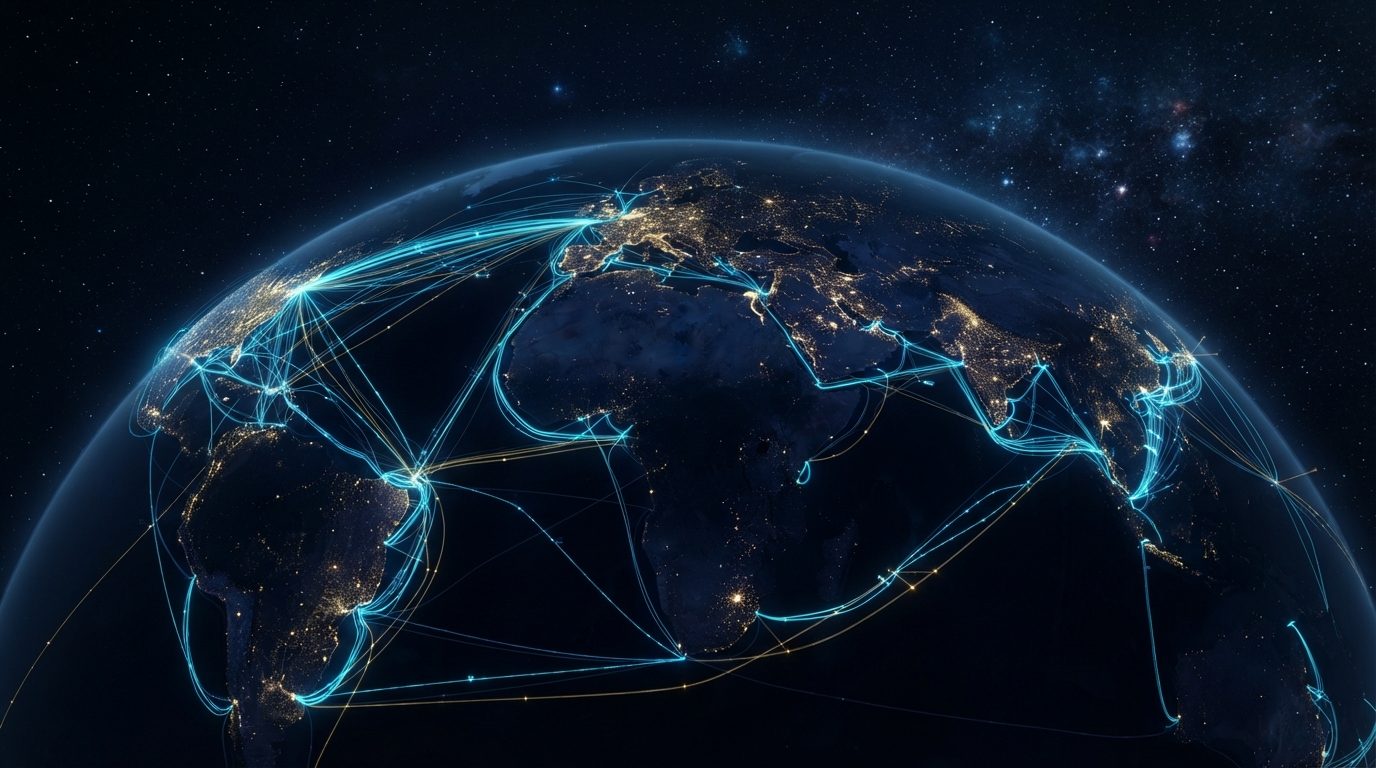 Globe terrestre la nuit, avec des connexions lumineuses entre les continents