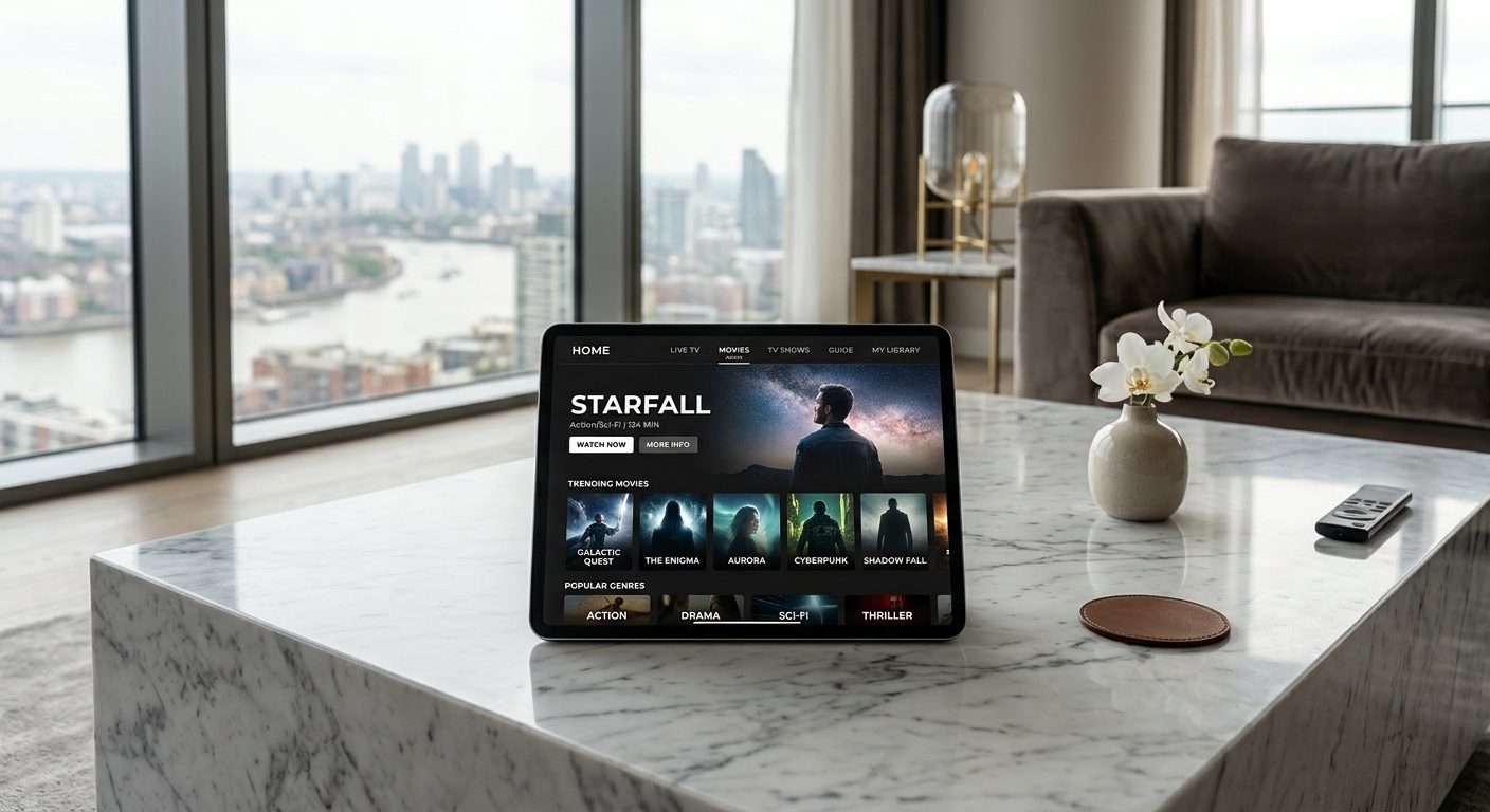 Tablette affichant un catalogue de films et séries, posée dans un salon